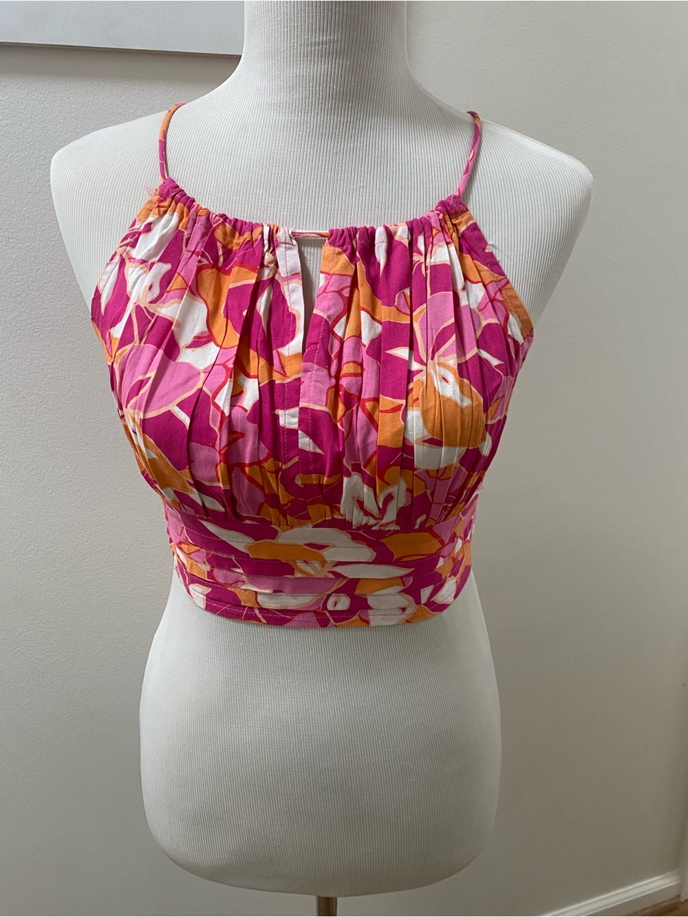 Vibrant Pink & Orange Floral Halter Crop Top Y2K Style Small